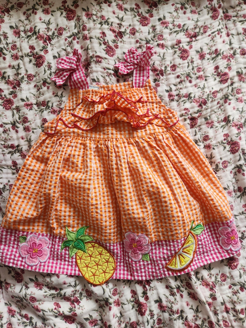 Baby Girls' Orange Gingham Pineapple Appliqué Sundress with Pink Bow Straps